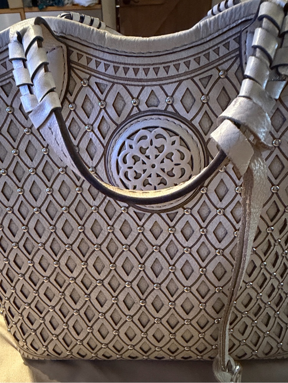 Brighten Ferrara collection Studded Laser-Cut Taupe Tote with Braided Handles